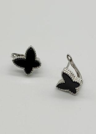 Серебряные серьги в стиле "van cleef  и  arpels" с ониксом