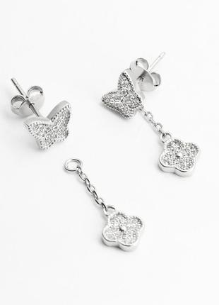 Срібні сережки з конюшиною і метеликами