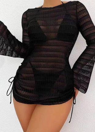 Женский купальник 3в1 бразильское бикини на завязках с туникой из сетки barbara черный