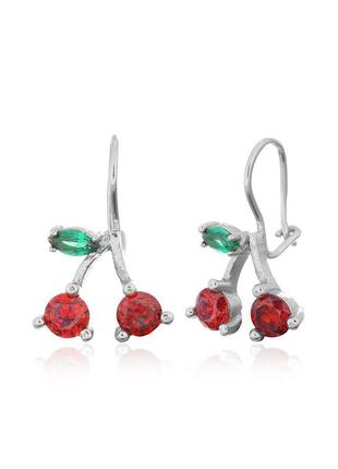 Серебряные серьги с красными фианитами и "вишенки"