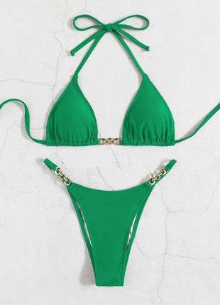 Зеленый женский раздельный купальник бикини на завязках2 фото