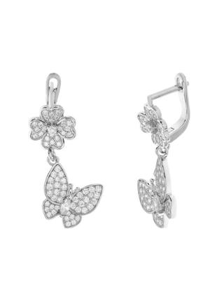 Серебряные серьги в стиле "van cleef  и  arpels" с фианитами