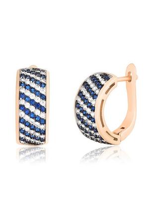 Серебряные серьги в позолоте с синими и белыми фианитами и английской застежкой