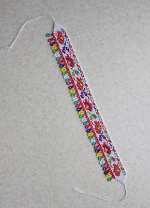 Біле намисто з квітами чокер в українському стилі стрічковий гердан