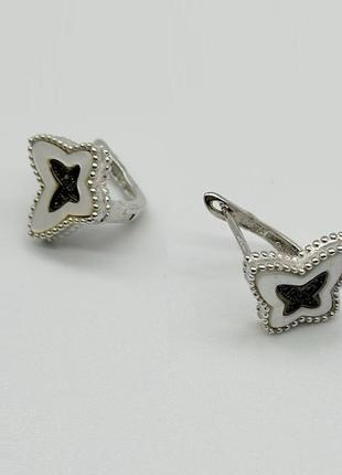 Серебряные серьги в стиле "van cleef  и  arpels" со вставкой фианит/перламутр