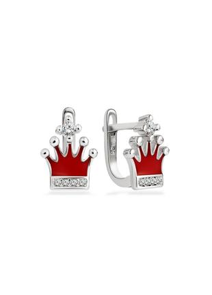 Серебряные серьги "короны" с фианитом и эмалью