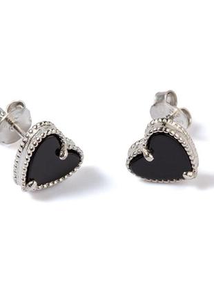 Срібні сережки пусети сердечки з чорним оніксом