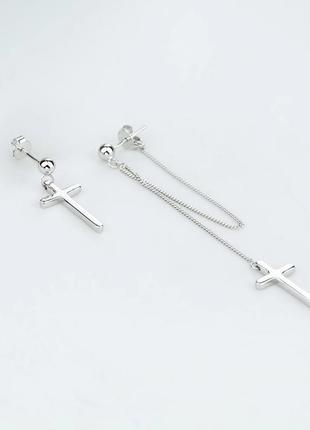 Срібні сережки пусети з хрестиками асиметрія