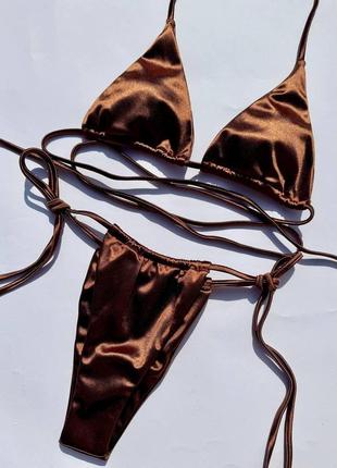 Женский раздельный купальник с завязками вокруг талии атласный metallic коричневый