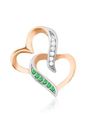 Серебряный подвес в позолоте с изумрудными фианитами и "два сердца"