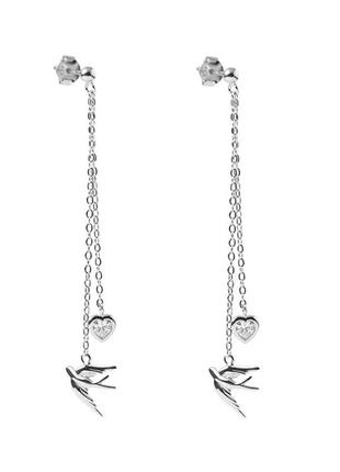 Серебряные сережки с фианитами с ласточками и сердечками