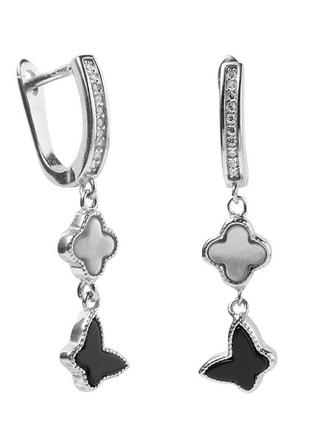 Серебряные серьги покрытые родием с перламутр/оникс/фианитами