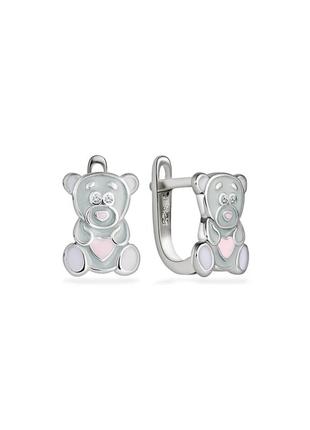 Серебряные серьги детские "медвежата" с фианитом и эмалью