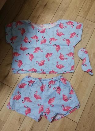 Пижама фламинго летняя хлопок 3 вещи набор спальный комплект обмен обмін