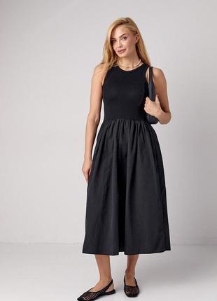 Комбинированное платье миди с пышной юбкой черная