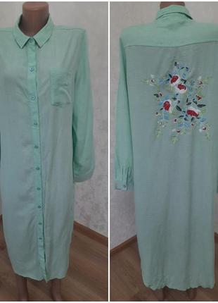 Натуральное мятное платье рубашка с вышивкой