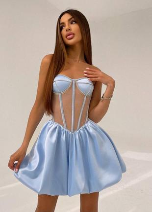 Вечірня атласна сукня міні з корсетом зі страз чашкою пуш ап та пишною спідницею балоном у кольорі блакитний s m l xs 42 44 46