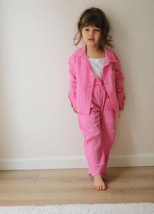 Яркий летний муслиновый костюм (тройка) для девочки.  розовый набор для девочек.