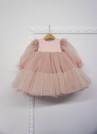Платье для именинницы, нежно-розовое  малышка принцессы, наряд для фотосессии на первый день рождения, жемчужное платье с длинными рукавами