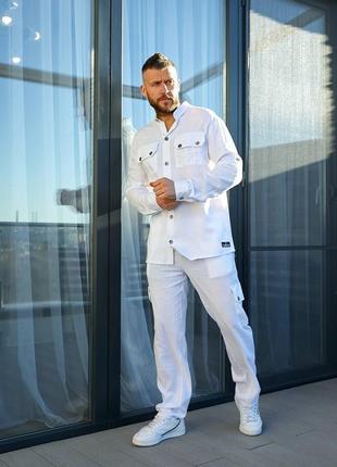 Мужской льняной летний брючный костюм белый хаки зелёный голубой коричневый черный...