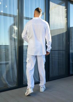 Мужской льняной летний брючный костюм белый хаки зелёный голубой коричневый черный...