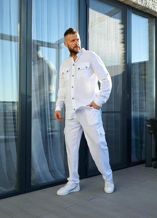 Мужской льняной летний брючный костюм белый хаки зелёный голубой коричневый черный...