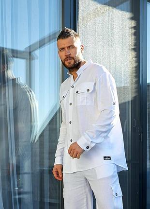 Мужской льняной летний брючный костюм белый хаки зелёный голубой коричневый черный...