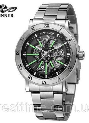 Чоловічий наручний механічний годинник з автопідзаводом forsining 8256 silver-black steel