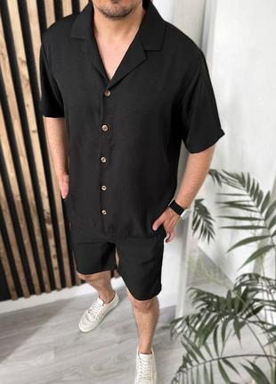 Мужской костюм летний летний черный бежевый спортивная с шортами рубашка шорты из натуральной ткани из льна