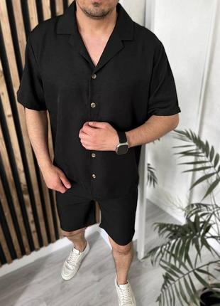 Мужской костюм летний летний черный бежевый спортивная с шортами рубашка шорты из натуральной ткани из льна