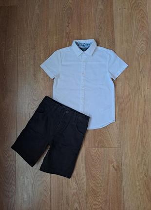 Нарядный набор для мальчика/белая рубашка с коротким рукавом для мальчика/чёрные джинсовые шорты для мальчика