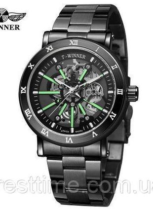 Чоловічий наручний механічний годинник з автопідзаводом forsining 8256 all black steel
