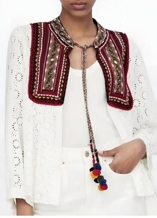 Куртка з люверсами з вишивкою zara, верхня сорочка, біла богемна сорочка, розмір: m
