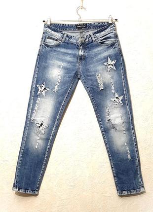 A.m.n. madness national трендовые джинсы синие с дырами + белые звёзды кружевные женские 44 46