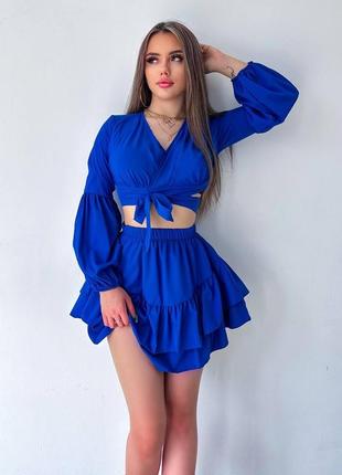 Летний женский костюм топ на запах и пышная юбка