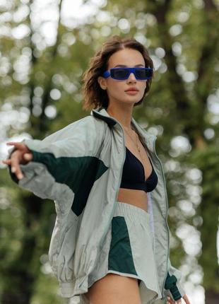 Женский молодежный повседневный костюм фисташкового цвета в спортивном стиле для отдыха ткань плащевка жатка