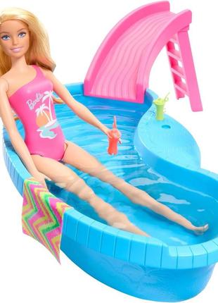 Ігровий набір лялька барбі біля басейну barbie doll and pool playset hrj74