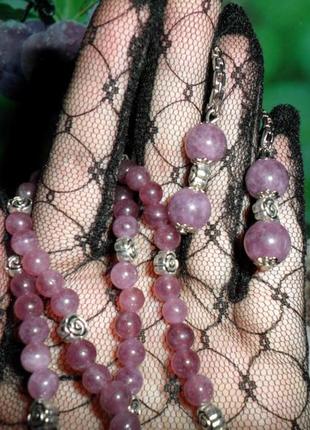 Набор украшений с натуральным розовым турмалином (серьги и ожерелье), натуральный камень, розовый турмалин, рубеллит, роза, handmade