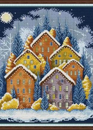 Набор для вышивания по нанесённой на канву схеме "winter colorful house". aida 14ct printed 33*33 см