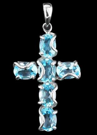 Крестик серебряный 925 натуральный голубой топаз (sky blue).