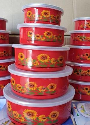 Набор эмалированных судочков с крышкой красные 5шт, набор контейнеров круглой формы для кухни