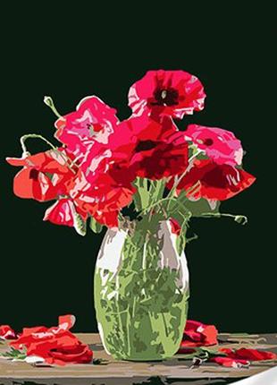 Картина за номерами strateg преміум букет квітів маку у вазі з лаком та з рівнем розміром 30х40 см (ss1044)