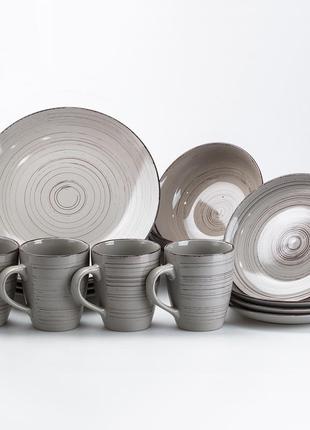 Столовый сервиз керамический 3 вида тарелок и чашки на 4 персоны серый набор посуды для дома на подарок