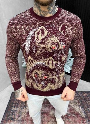 Новорічний светр в'язаний wolf bordo вт4649