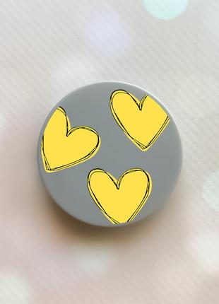 Тримач для смартфона / планшета попсокет popsocket сірий :: сердечка жовті (принт 259)