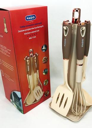 Набір кухонних приладів magio mg-1124, набір приладдя для кухні із силікону, набір кухарів, колір: беж і чорний