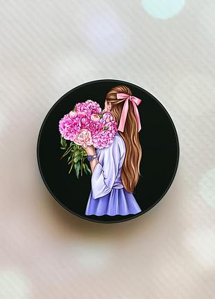 Держатель для смартфона / планшета попсокет popsocket черный :: девушка с пионами (принт 11)