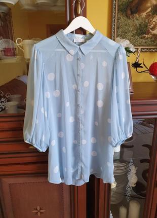 Шифонова блакитна блуза в горох з широкими рукавами