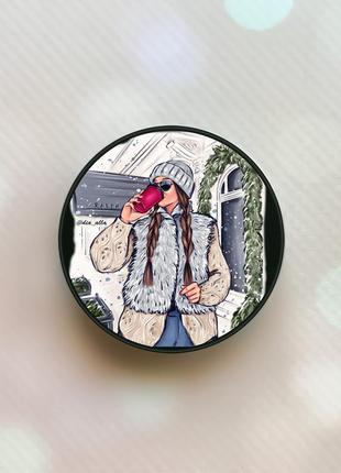 Держатель для смартфона / планшета попсокет popsocket черный :: девушка с кофе (принт 32)