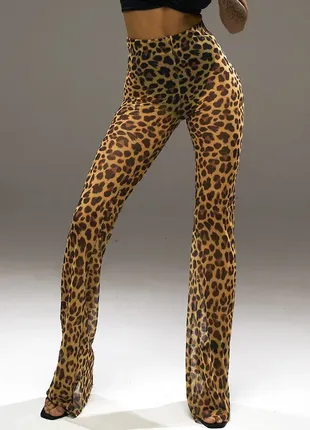 Прозрачные штаны блестящие женские расклешенные летние леопардовые брюки сетка для танцев